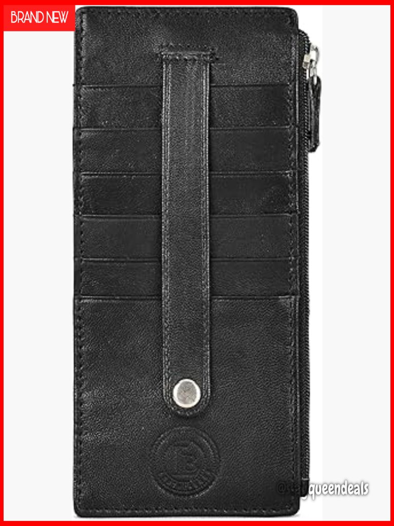 Genuine Leather Slim Card Case Wallet With Zipper And Strap